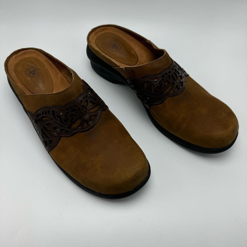 Ariat Suede Leather Mule Slip On Clog Brown Toiled Size 9.5 B Heeled Style 21435